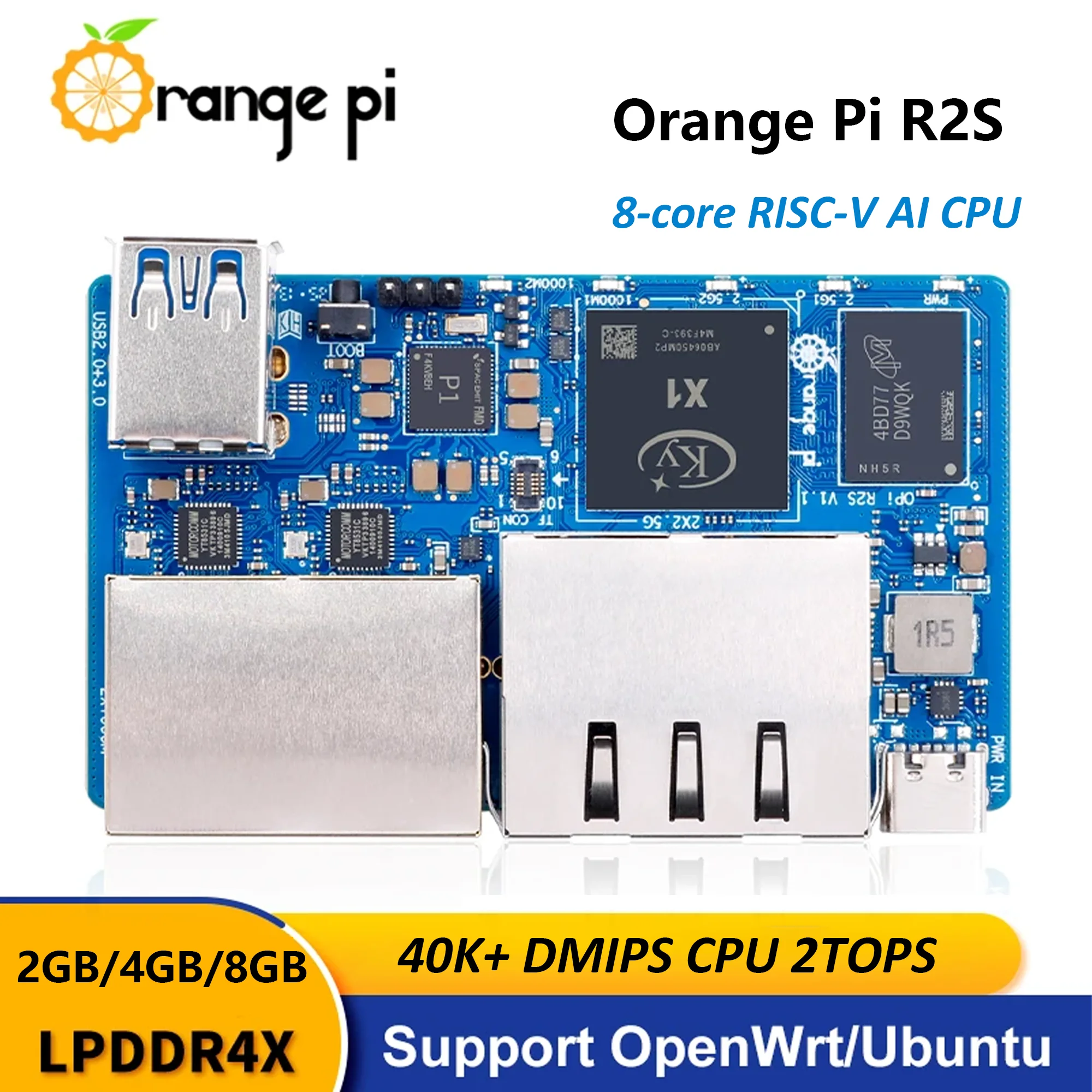 Orange Pi R2S 2 GB/4 GB/8 GB RAM RISC-V Entwicklungsboard 8 GB eMMC 2 TOPS NPU WiFi+BT5.0 Gigabit Ethernet Single Board Computer Image