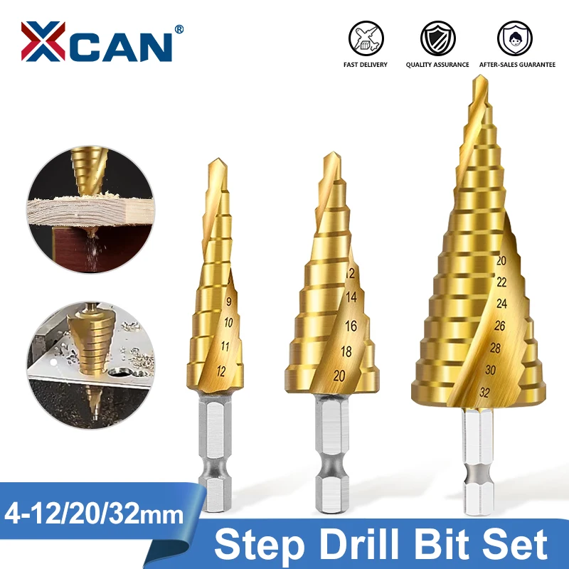 XCAN 3-teiliges HSS-Titan-Stufenbohrer-Set, Spiralnut, konischer Bühnenbohrer für Metall, Holz, 4–12, 4–20, 4–32 mm Image