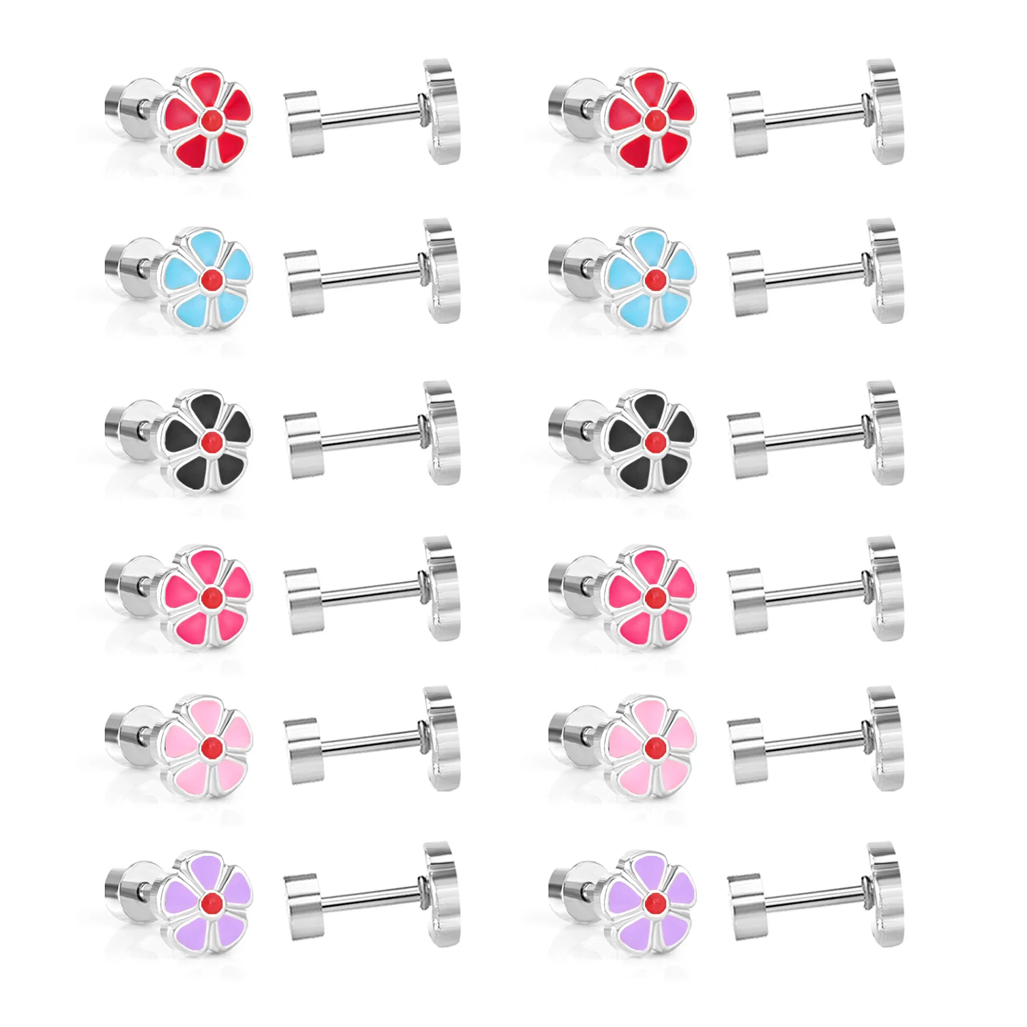 Neuer Stil 12 Paar 6,5mm Stahl farbige Blume gemischte Farbe Schraube in Ohrringen Edelstahl niedlichen süßen Mädchen Schmuck Geschenk Image