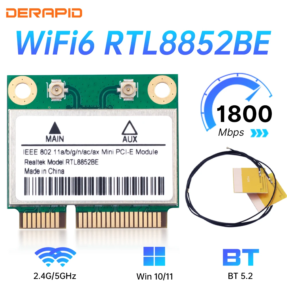 RTL8852BE WiFi 6 Netzwerkkarten-Antennen-Kit 1800 Mbit/s BT 5.2 Dualband Wireless MiniPCIe 802.11ax 2,4 G/5 GHz MU-MIMO für Windows 10 Image
