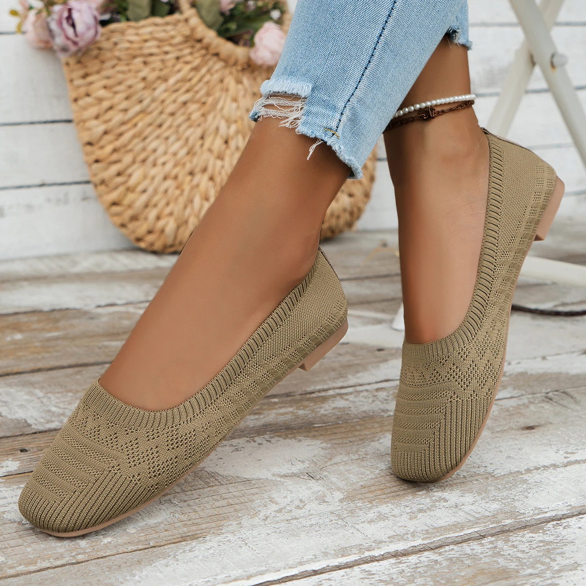 Women Flat Shoes Solid Color Square Toe Office Shoes Casual Breathable Ballet Soft Mesh Mules Shoes Women Loafers Size 36-43