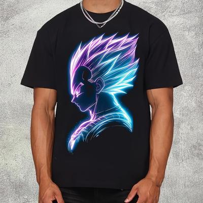 TEMU Men's Blue Purple Gradient Anime Graphic T-shirt - 100% Cotton Casual Crew Neck Short Sleeve Tee, Retro Style For Anime Fans, , Machine Washable, Trendy Graphic Shirt, Quality Casualwear Image