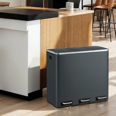 TEMU Kitchen Bin, 3 X 18l Recycling Bin, 3 Compartment Rubbish Bin For Recycling And Waste, 15 Liners Included, Lids, Pedals, Inner Buckets, Steel, Image