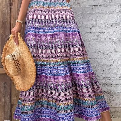 TEMU Women's Bohemian High-waist Maxi Skirt With Tropical Print And Hem - Vacation, Beach, And Casual Wear, Beach Skirt|bohemian Style|polyester Fabric Image