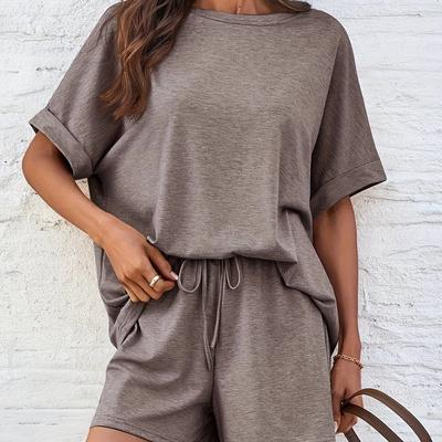 TEMU 2025 Summer Casual Suit Set For Women, Casual Short Sleeve T-shirt And Drawstring Shorts, Solid Color, Spring/summer Collection, Casual Image