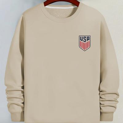 TEMU Men's Casual Sports Sweatshirt With Usa Print, Round Neck, Stretch Knit Fabric, Regular Fit, Polyester, Athletic Hoodie For Spring/autumn Image