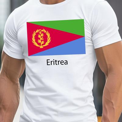 TEMU Men's Eritrea Flag Print T-shirt, Casual Crew Neck Short Sleeve Top, 100% Polyester Knit Fabric, Stretch, Regular Fit, Summer Lightweight Shirt Image