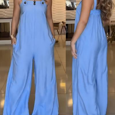 TEMU Light Blue Wide-leg Jumpsuit For Women - Casual & Elegant Sleeveless Overalls With Adjustable Straps, Button Details, And Flowing Fit, Summer Streetwear, Ladies Jumpsuits, Nontransparent Fabric Image