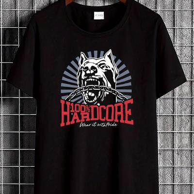 "TEMU 100 Hardcore Graphic T-shirt - Aggressive Pitbull & "hardcore" Print - Breathable Soft Fabric, Regular Fit Unisex Top For - Machine Washable Casual Wear, Apparel, Design, Stretchy Material" Image