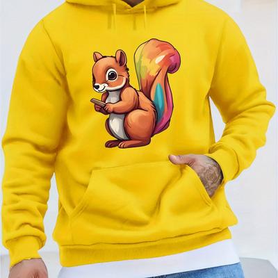 TEMU Cozy Squirrel Print Hoodie For Men - Plush Pullover With Kangaroo Pocket, Long Sleeve, Casual , Conventional Version, Style, Winter Image