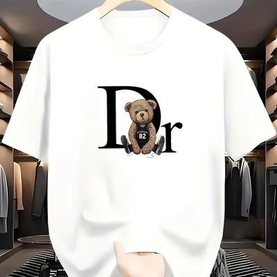 "TEMU Men's Casual Crew Neck T-shirt | Breathable & Sweat-resistant | Black With Stylish "dr" Teddy | Versatile Summer Top For Casual Attire | Soft Polyester Blend | Comfortable Fi" Image