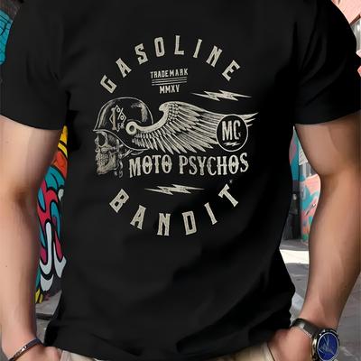 TEMU Gasoline Moto Psychos Mc Men's Graphic T-shirt - 100% Cotton Breathable Short Sleeve Tee With Skull & Wings Motorcycle , Black Casual Streetwear For Casual Attire, Motocross T Shirt Image