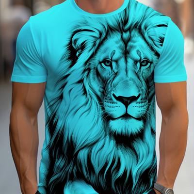 TEMU Men's Vibrant Lion 3d Print T-shirt - , Short Sleeve, Round Neck, Casual Streetwear, Stretchy Fabric, Casual Wear | Vibrant Graphic Shirt | , Lion Print Shirt Image