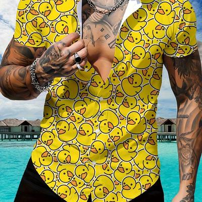 TEMU Men's Novelty Duck Face Print Button-up Shirt - Vibrant Yellow Geometric Pattern, Machine Washable Regular Fit Casual & Beachwear, Summer Fashion, Design, Nontransparent Fabric Image