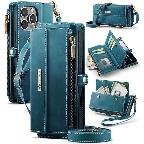 Handy Hülle Handyhüllen Für iPhone 16 15 14 Pro Max Plus 16e 13 12 11 Pro Max Mini Brieftaschenhülle mit Trageriemen Ständer Stoßfest TPU PU-Leder Image