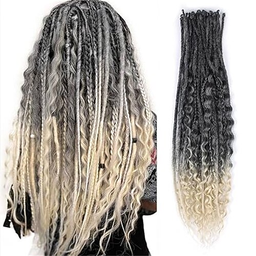 24 Zoll 3-in-1-Dreadlock-Extensions-Sets, 30 Stränge, gemischte Ombre-Blau-Synthetik-SE-Dreads-Extensions, 100 % handgefertigt, weich, einseitig gelockt, boho, gewellt, Dreads für Mädchen Image