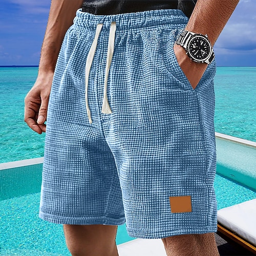 Herren Waffel-Shorts Shorts Sommershorts Freizeitshorts Tasche Kordelzug Elastischer Bund Einfach Komfort Atmungsaktiv Kurz Outdoor Urlaub Sport Lässig Schwarz Weiß Mikroelastisch Image