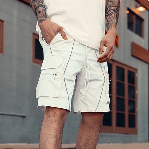 Herren Cargo-Shorts Shorts Sommershorts Kordelzug Elastischer Bund Mehrere Taschen Patchwork Komfort tragbar Knielang Outdoor Sport Täglich Mode Lässig Schwarz Weiß Image