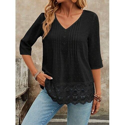 Damen Oberteil mit Spitzenspleiß Einfarbig Elegant Stilvoll Basic Halbarm V Ausschnitt Normale Oberteile Täglich Spitze Patchwork Knöpfe Schwarz Weiß Rosa Blau Sommer