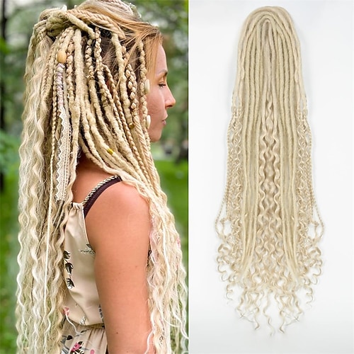 de Dreadlock-Extensions 24 Zoll 3 in 1 synthetische Dreads-Extensions gemischte de Dreads Hippie-Stil 15 Stränge handgefertigte Zopf-Dreadlock-Extensions weiche doppelseitige lockige Boho-wellige Image