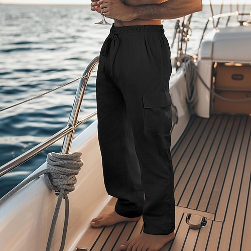Herren Cargo-Hosen Hose Sommerhose Baggy-Hosen Strandhose Kordelzug Elastischer Bund Mehrere Taschen Einfach Komfort Atmungsaktiv Volle Länge Outdoor Lässig Täglich Mode Klassicher Stil Schwarz Weiß Image