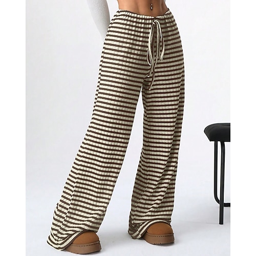 Damen Stoffhosen Hosen Hose Streetwear Lässig Volle Länge Natürliche Taille Gestreift Elastisches Kordelzugdesign Bequem Außenbereich Outdoor Urlaub Ferien Braun / Weiß Weiß / blau Schwarz und Weiss Image