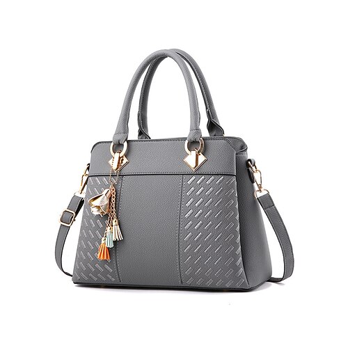 Damenhandtasche aus Kunstleder mit Quastenanhänger und strukturierten Einsätzen – elegante, strukturierte Schultertasche für die Arbeit im Büro und Geschäftsreisen