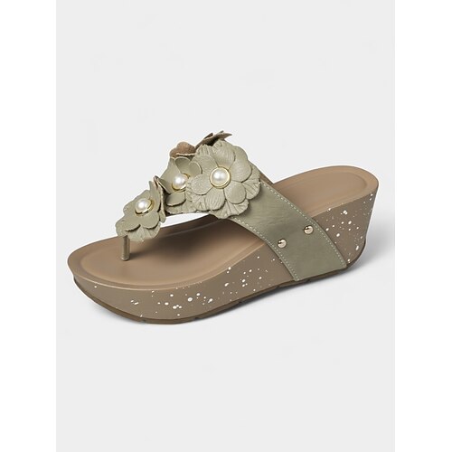 Weiße Flip-Flops mit Blumen- und Perlenverzierung für Damen – süße Freizeitsandalen für den Sommer im Freien und den Urlaub Image