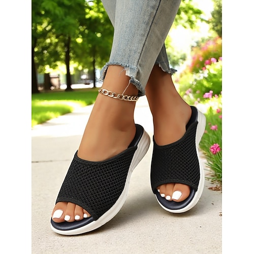 Bunte Slide-Sandalen aus gewebtem Mesh für Damen – leichte Slipper mit offener Spitze und luftigem Komfort, perfekt für Besorgungen in der Stadt, Spaziergänge am Strand und zum Entspannen auf der Terrasse Image