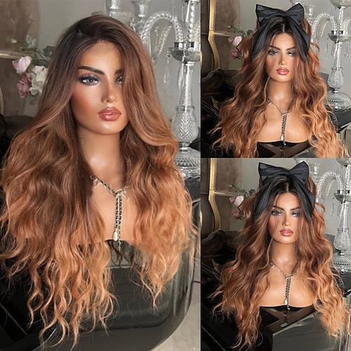 Unbehandeltes Echthaar 5x5 Verschluss 13x4 Spitzenfront Perücke Freier Scheitel Brasilianisches Haar Gewellt Mehrfarbig Perücke 130% 150% Haardichte Ombre-Haar Natürlicher Haaransatz 100% Unbehandelt Image