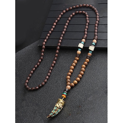 Herren-Tribal-Halskette mit Perlenanhänger – handgefertigte ethnische Holzperlen mit türkisfarbenen Akzenten, Bohème-Stil für Freizeitkleidung, Yoga, Meditation oder Festival-Outfits Image