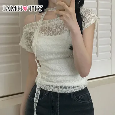 IAMHOTTY Hook Floral Lace Smock Top with Lace Scarf Korean Fashion Swing Slash Neck Short Sleeve T-shirt Coquette Sheer Tops New