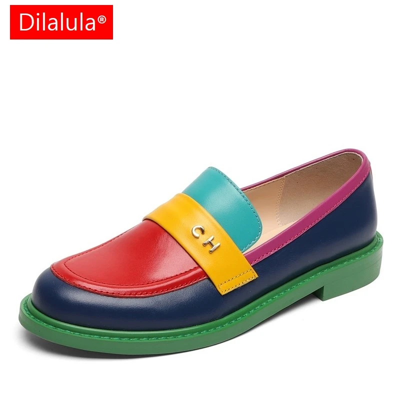 Dilalula 2025 Cow Genuine Leather Pumps Women Mixed Color Fashion Ladies Loafers Spring Flat Office Dress Shoes Size 34-42