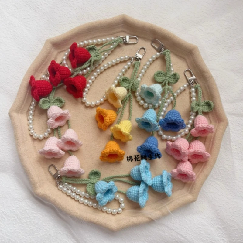 Kreative Wolle gehäkelt Bolling Orchidee Schlüsselanhänger Ins süße Mädchen Perlenkette Schlüsselanhänger handgemachte gestrickte Tasche Anhänger Geschenke Image