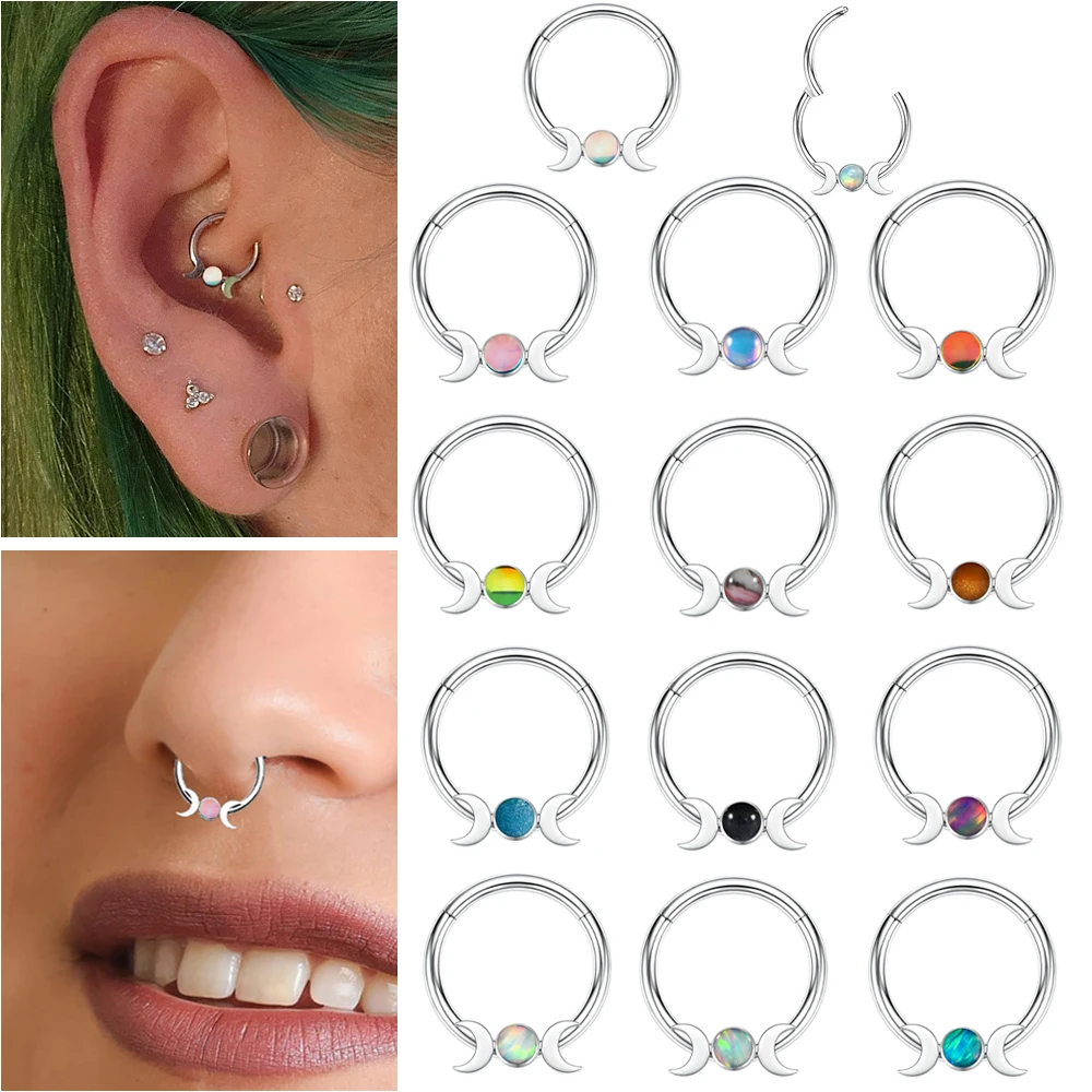 1/5/13PCS Nasenring-Reifen aus chirurgischem Stahl mit Opal Moon&Sun, CZ-Knorpel-Daith-Ohrringen, Septum Clicker-Scharnierring für Lippe 16G Image