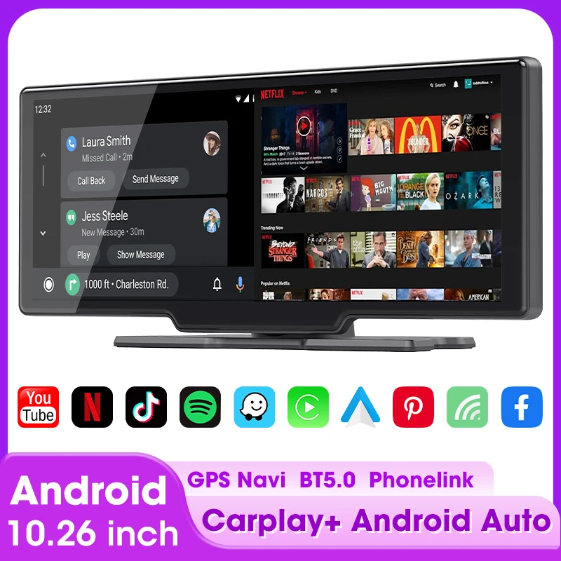 10,26 Zoll kabelloses Autoradio für Apple Carplay Android Auto Touchscreen-Autoradio, 1080P Rückfahrkamera, Bluetooth, Youtube, Netflix Image