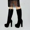 BERZIMER Frauen Knie High Heels Stiefel Faux Wildleder Dicke High Heels Zip Up Stiefel Weibliche Handgemachte Schuhe Frau Große Größe 41 44 45 52