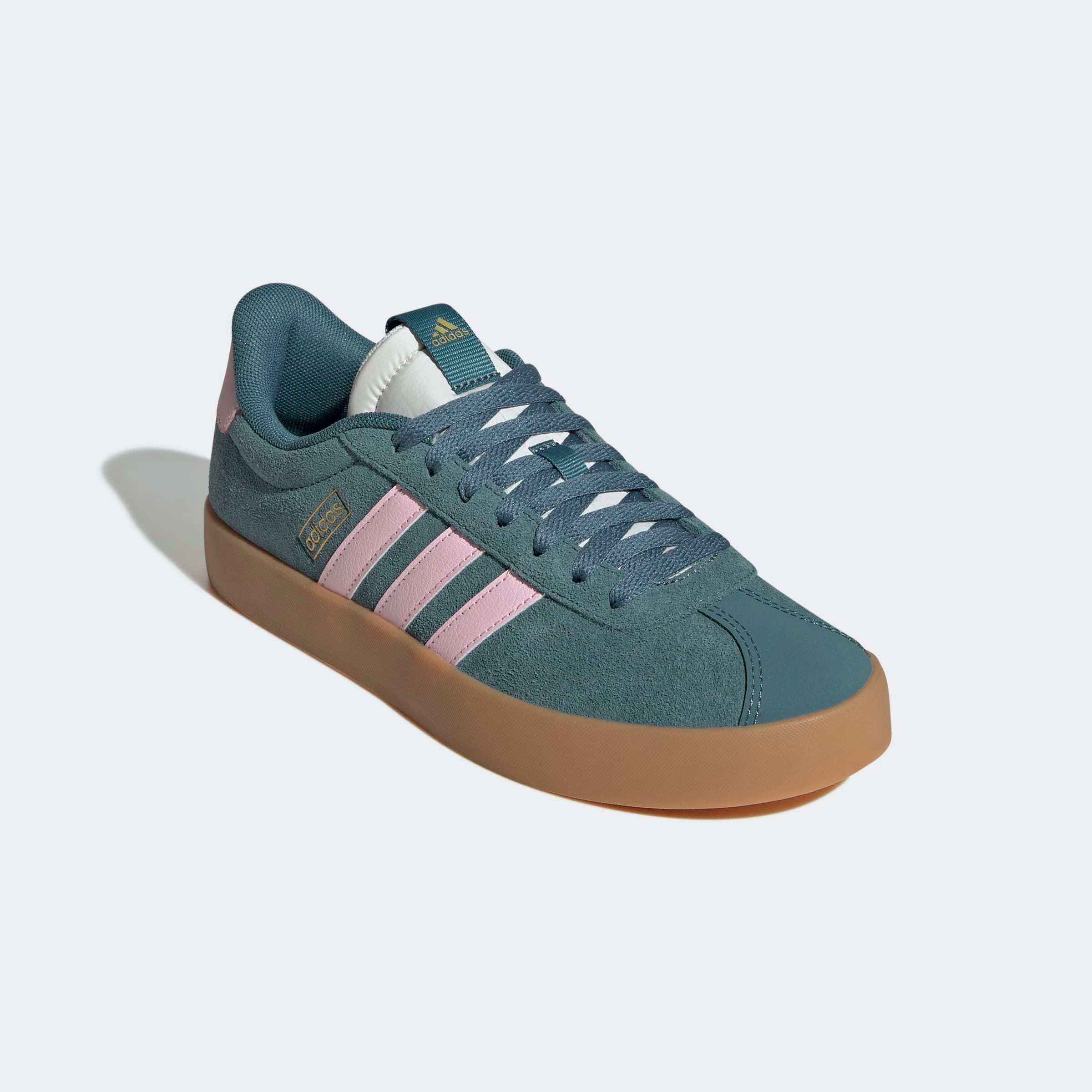 Sneaker ADIDAS SPORTSWEAR "VL COURT 3.0", Damen, Gr. 43, preloved teal, clear pink, gold metallic, Leder, Textil, Schuhe Sneaker, inspiriert vom Design des adidas samba