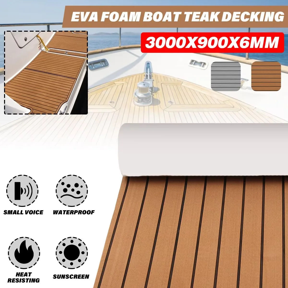 3000 x 900 mm Boots-Bodenbelag, EVA-Schaum, Marine-Faux-Teak-Terrassendielen, Teppichmatten, rutschfeste, pontonbraune, selbstklebende Yacht-Pats