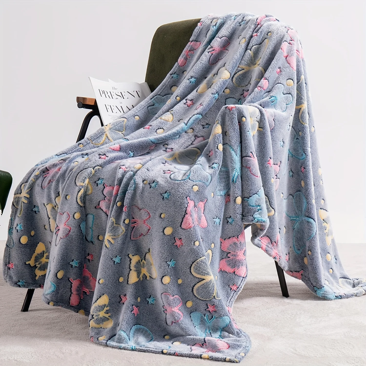 1-teilige bunte Schmetterlings-Nachtlichtdecke für Jungen und Mädchen, Regenbogen-Nachtlichtdecke, bequemes, weiches und flauschiges Flanell Image