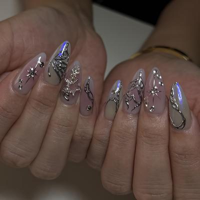 TEMU Set Of 24 Short Press-on Nails Featuring A Purple Smudge Design With Star Chain Accents, Shape, 3d , And Starry Nail Art. With 1 Sheet Of Adhesive Tabs And A Mini File. Image