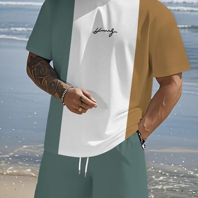TEMU Adult Vintage Printed T-shirt And Shorts Set - Knit Fabric, Regular Fit, Crew Neck, Short Sleeve, Polyester Composition, Men, Summer Image
