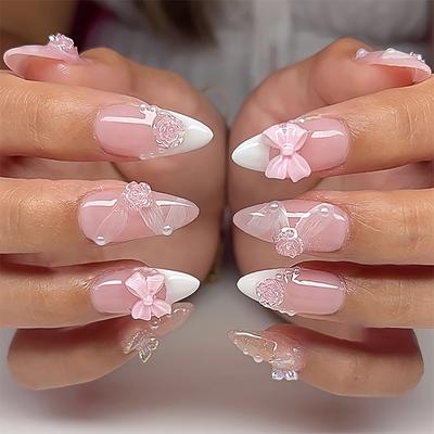 TEMU 24pcs Elegant French Press-on Nails Set, Short Length, 3d Bowknot & , Nude Pink Glitter , Accents Fake Nails Kit Image