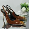 2025 neue Edelstein Spitze Slingback Sandalen Frauen Metall Mittlere Dünne Fersen Braun Schwarz Patent Leder Schuhe Marke Design Dame Größe 43