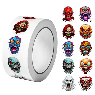1 Rolle (500 Stück) realistische Gruselkopf-Aufkleber, 2,5 cm, 10 Designs, Abziehbilder, DIY, schmücken Geschenke, Verpackung, Heimdekoration, Siegeletiketten Image