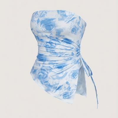 TEMU Y2k-inspired Floral Print Tube Top With Side Drawstrings, Asymmetric Hem, Retro Off-shoulder Design, Light Blue Polyester Crop Top For Women - Spring, Summer & Fall Image
