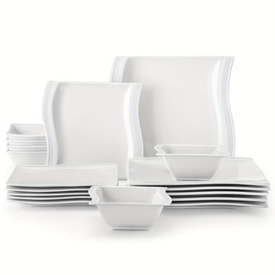 TEMU 18pcs White Porcelain Crockery Set, Square Dinner Service With 6 Dinner Plates, Dessert Plates, And Cereal Bowls, Crockery Set For 6 People, Dishwasher And Microwave Safe, Plates And Bowls Set Image