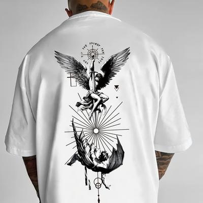 TEMU Men's Loose Fit Icarus Fall Graphic T-shirt, Breathable Polyester Crew Neck Tee With Artistic - Summer Casual Wear Image