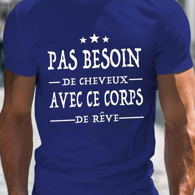 TEMU Men's French Text Graphic Print Crew Neck T-shirt - Lightweight Summer Casual Tee With , Regular Fit, Machine Washable Image