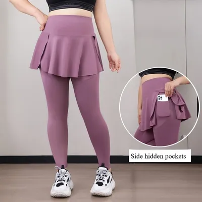Plus Size Fit 200lbs Yoga Fake Two Items Leggings mit Taschen Sharkskin High-Waisted Rock Hose Gym Training Slim Tights